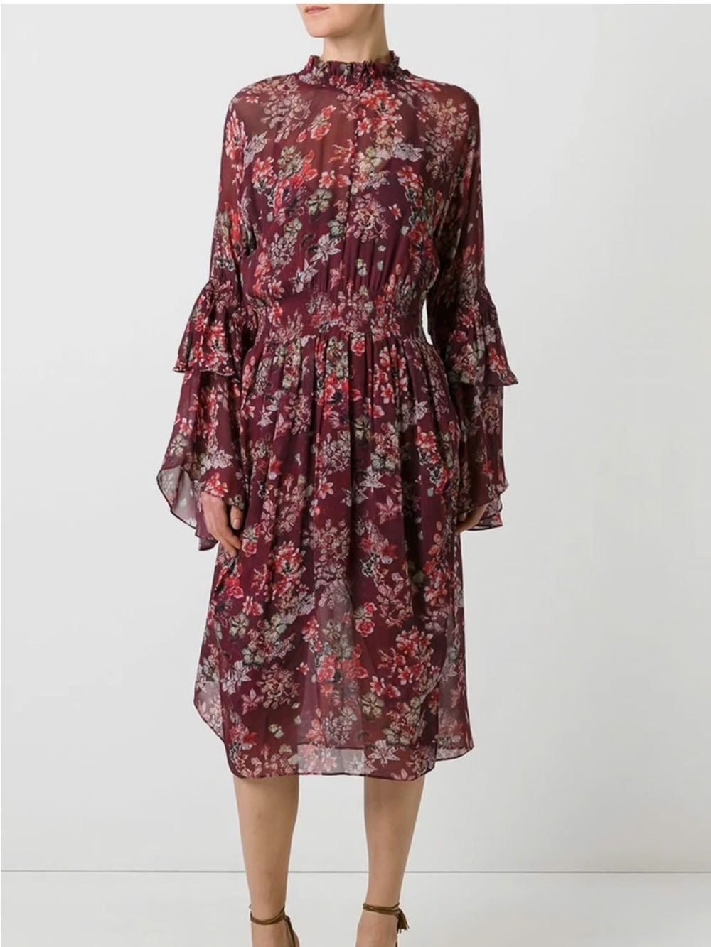 IRO Averen Burgundy Floral Sheer Midi Dress with Ruffled Bell Sleeves, 38